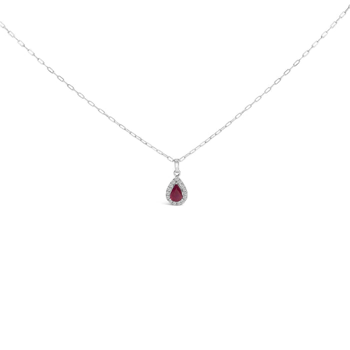 14K White Gold 6x4 Pear Red Ruby and Diamond Halo Pendant Necklace - 18