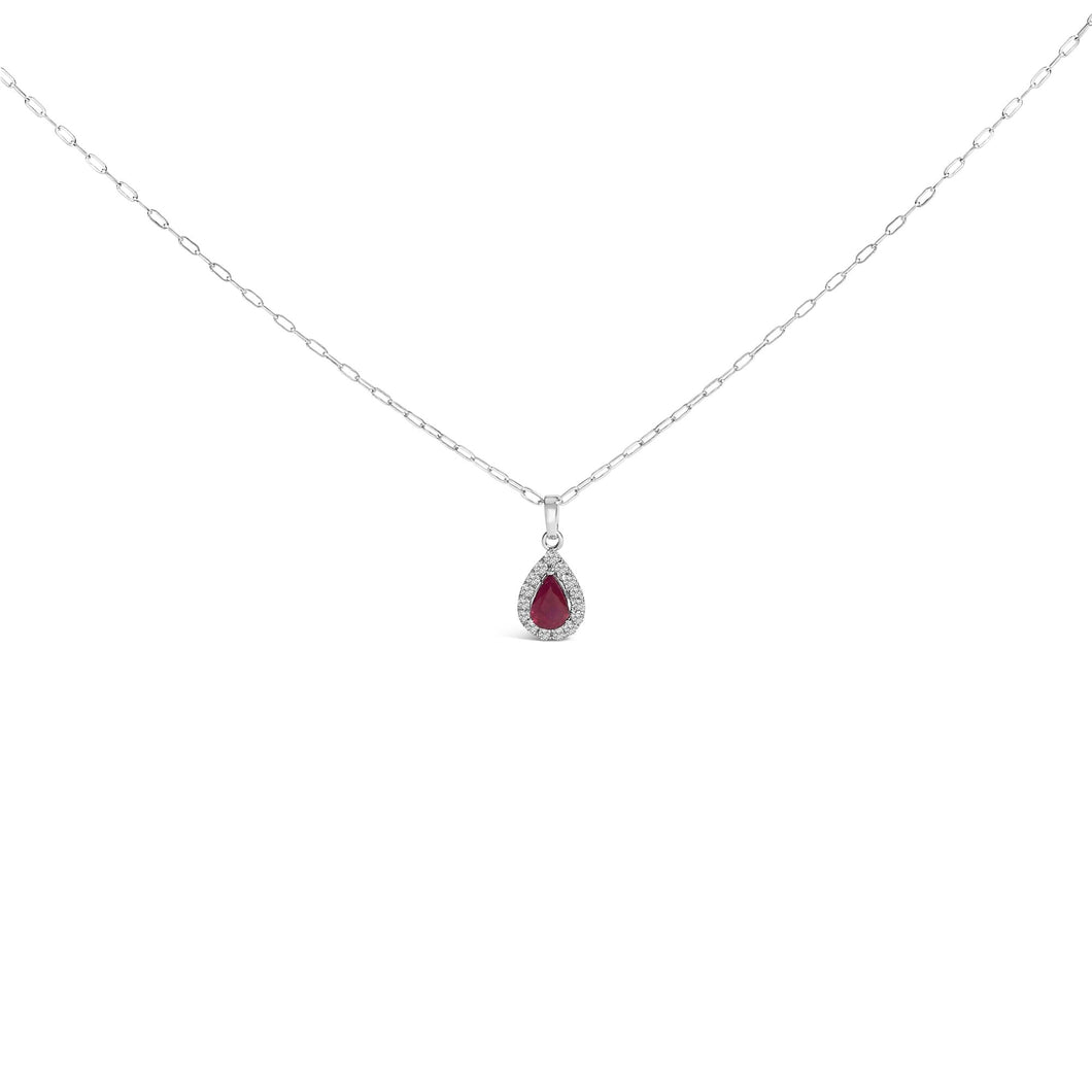 14K White Gold 6x4 Pear Red Ruby and Diamond Halo Pendant Necklace - 18