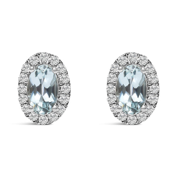 10K White Gold 5x3 MM Oval Cut Birthstone and Diamond Halo Stud Earrings (I-J Color, I1-I2 Clarity)