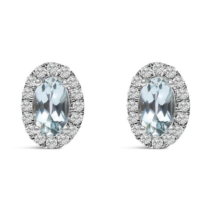 10K White Gold 5x3 MM Oval Cut Birthstone and Diamond Halo Stud Earrings (I-J Color, I1-I2 Clarity)