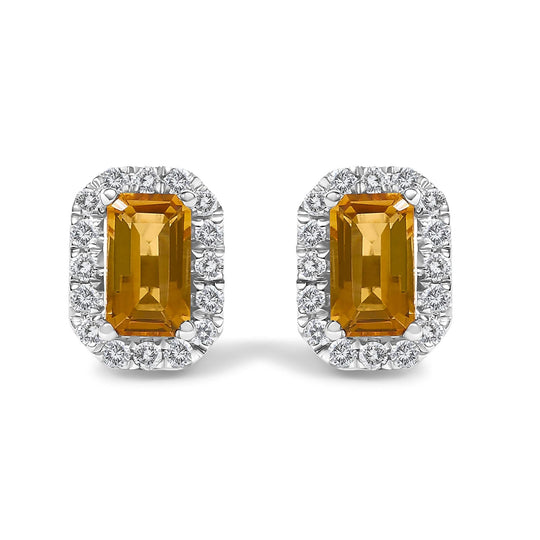 10K Gold 5x3mm Emerald-Cut Gemstone and 1/7 Cttw Diamond Halo Octagonal Stud Earrings (I-J Color, I1-I2 Clarity)-0