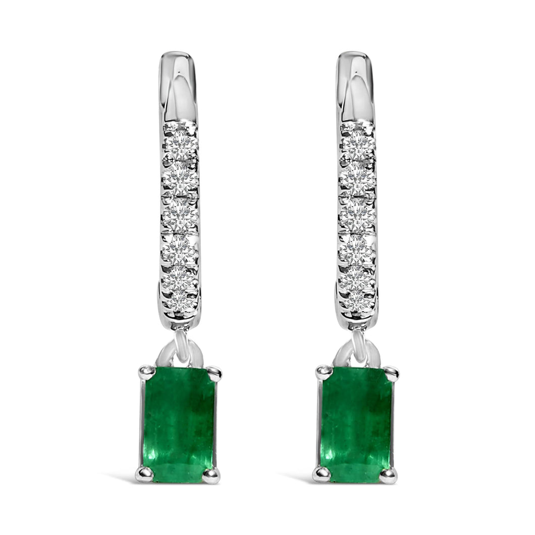 10K White Gold Oval Green Emerald and 1/8 Cttw Diamond Drop Earrings  (I-J Color, I1-I2 Clarity)-0