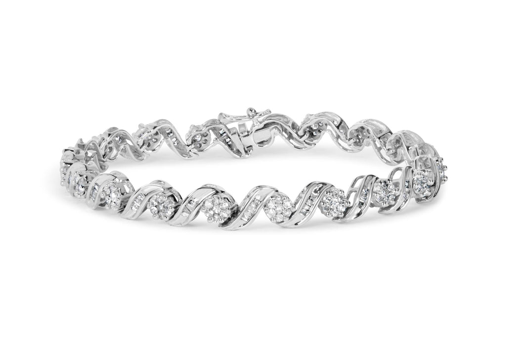 14K White Gold 2.00 Cttw Diamond Cluster and Spiral Link Bracelet (I-J Color, I1-I2 Clarity) - 7
