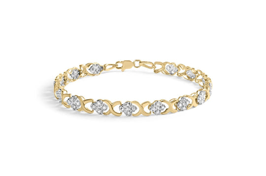 10K Yellow Gold 1.00 Cttw Diamond 5 Stone Floral Cluster and "X" Link 7" Bracelet (I-J Color, I3 Clarity)-0
