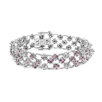 14K White Gold Pink Sapphire and Diamond Floral Lattice Link Bracelet - 7.25