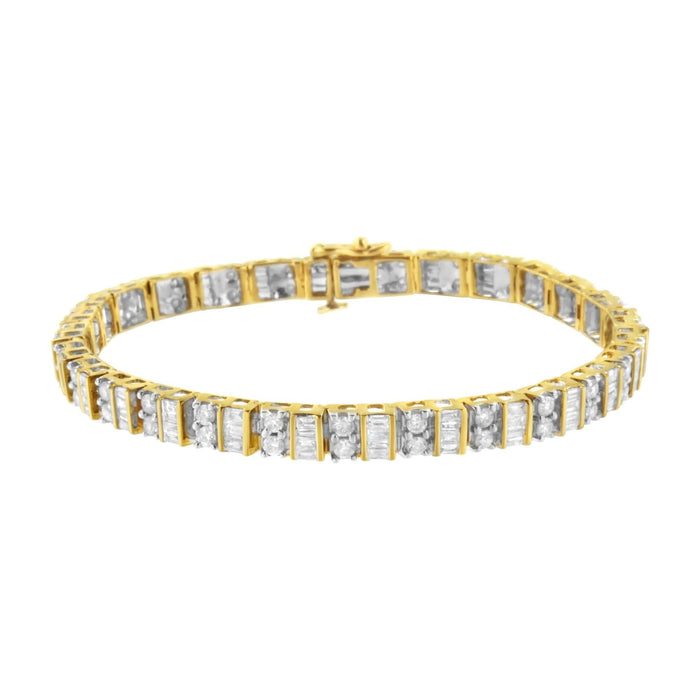 10K Yellow Gold 4.0 Cttw Alternating Baguette & Round Cut Diamond Bezel- & Prong-Set 7