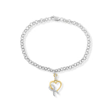 10K Yellow Gold 1/10 Cttw Diamond Awareness Ribbon & Heart Charm on 7" .925 Sterling Silver Rolo Bracelet (H-I Color, I1-I2 Clarity)-0
