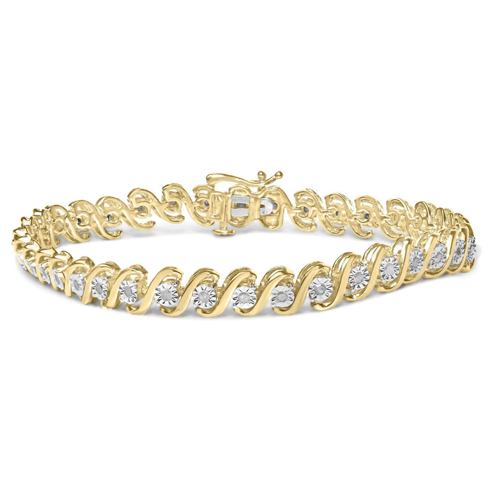 14K Yellow Gold Plated .925 Sterling Silver 1/2 Cttw Round Miracle-Set Diamond S-Curve Tennis Bracelet (I-J Color, I3 Clarity) - 7