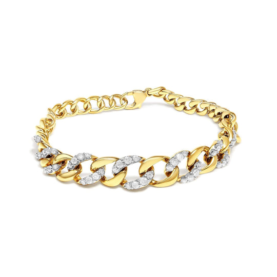 14K Yellow Gold Plated .925 Sterling Silver 1 1/4 Cttw Diamond Cuban Chain Link Bracelet (I-J Color, I3 Clarity)-  7.25"-0