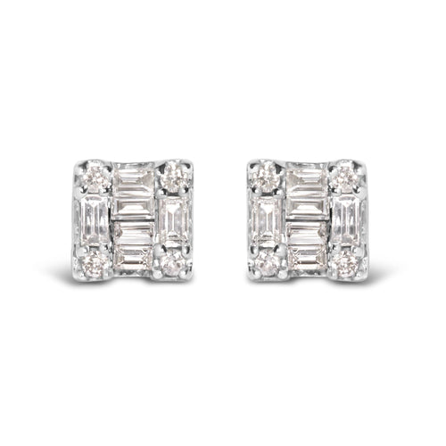 10K White Gold 1/7 Cttw Round and Baguette Diamond Mosaic Square Stud Earrings (H-I Color, I1-I2 Clarity)-0
