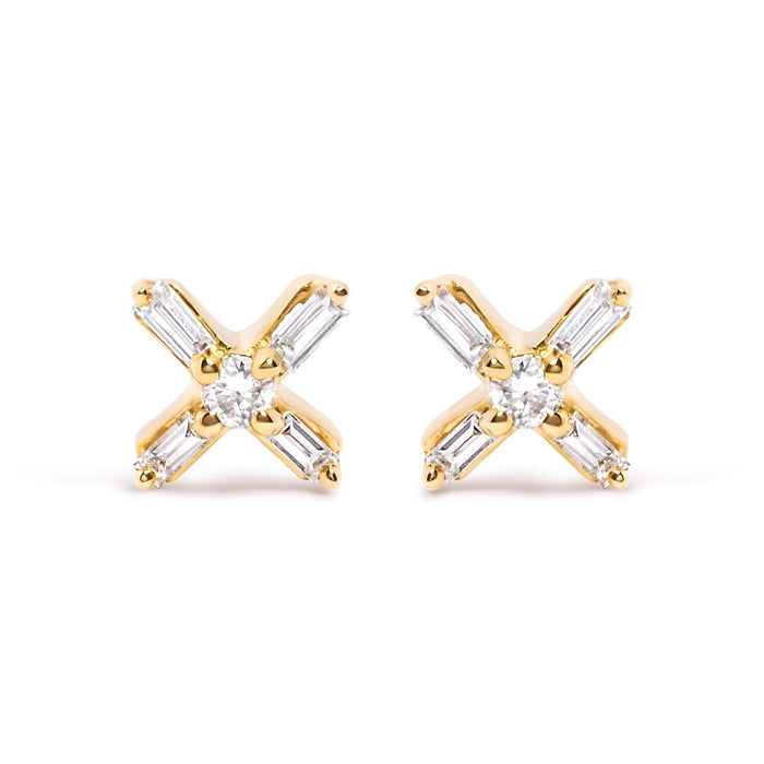 10K Yellow Gold 1/10 Cttw Round and Baguette Diamond Criss Cross X Stud Earring (H-I Color, I1-I2 Clarity)