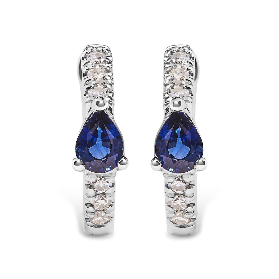 10K White Gold Pear Shaped Blue Sapphire and 1/10 Cttw Diamond Huggy Hoop Earrings (H-I Color, I1-I2 Clarity)-0
