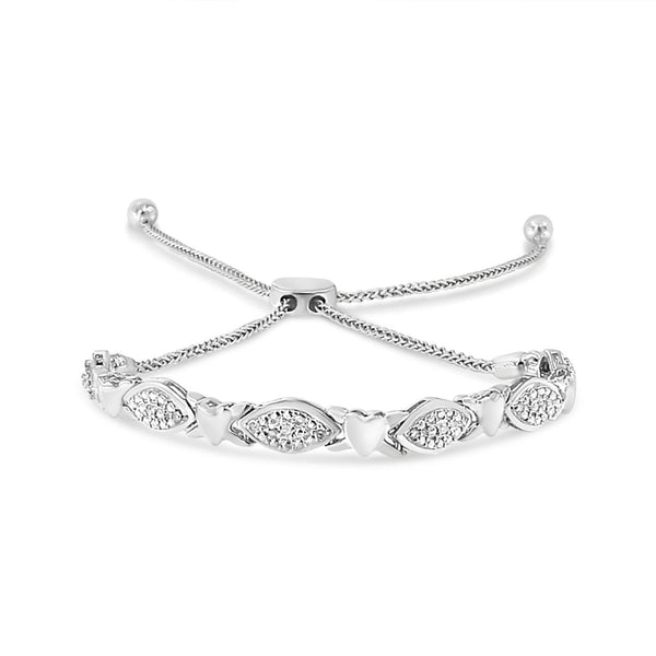 .925 Sterling Silver Diamond Accent Alternating Marquise Shape and Heart Links Bolo Bracelet (I-J Color, I3 Clarity) - Adjustable 6