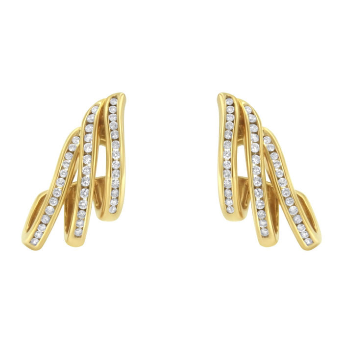 10K Yellow Gold 1.0 Cttw Round Brilliant Cut Diamond Spiral Multi Row Channel Set Open Hoop Pushback Stud Earrings (H-I Color, I1-I2 Clarity)