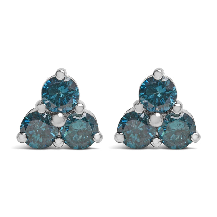 14KT White Gold Treated Blue Diamond Trio Stud Earrings (1 1/3 cttw, Blue)
