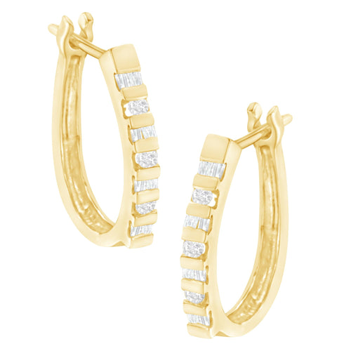 10K Yellow Gold Round and Baguette Cut Diamond Oblong Hinged Leverback Hoop Earrings (¼ Cttw, I-J Color, I2-I3 Clarity)-0