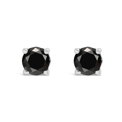 .925 Sterling Silver Black Diamond Solitaire Stud Earrings (Black Color, I2-I3 Clarity)-0
