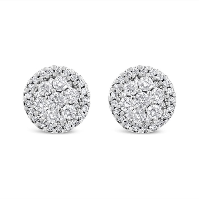 AGS Certified 14K White Gold 1.0 Cttw Brilliant-Cut Diamond Halo-Style Cluster Round Button Stud Earrings (G-H Color, I1-I2 Clarity)