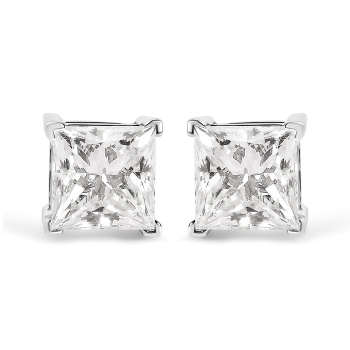 14K White Gold 1 1/2 Cttw Clarity Enhanced Princess Cut Diamond Solitaire Stud Earrings (I-J Color, I1-I2 Clarity)