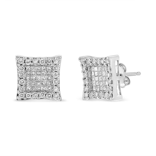 18K White Gold 1.00 Cttw Round and Princess-Cut Diamond Halo Square Stud Earring (G-H Color, SI1-SI2 Clarity)-0