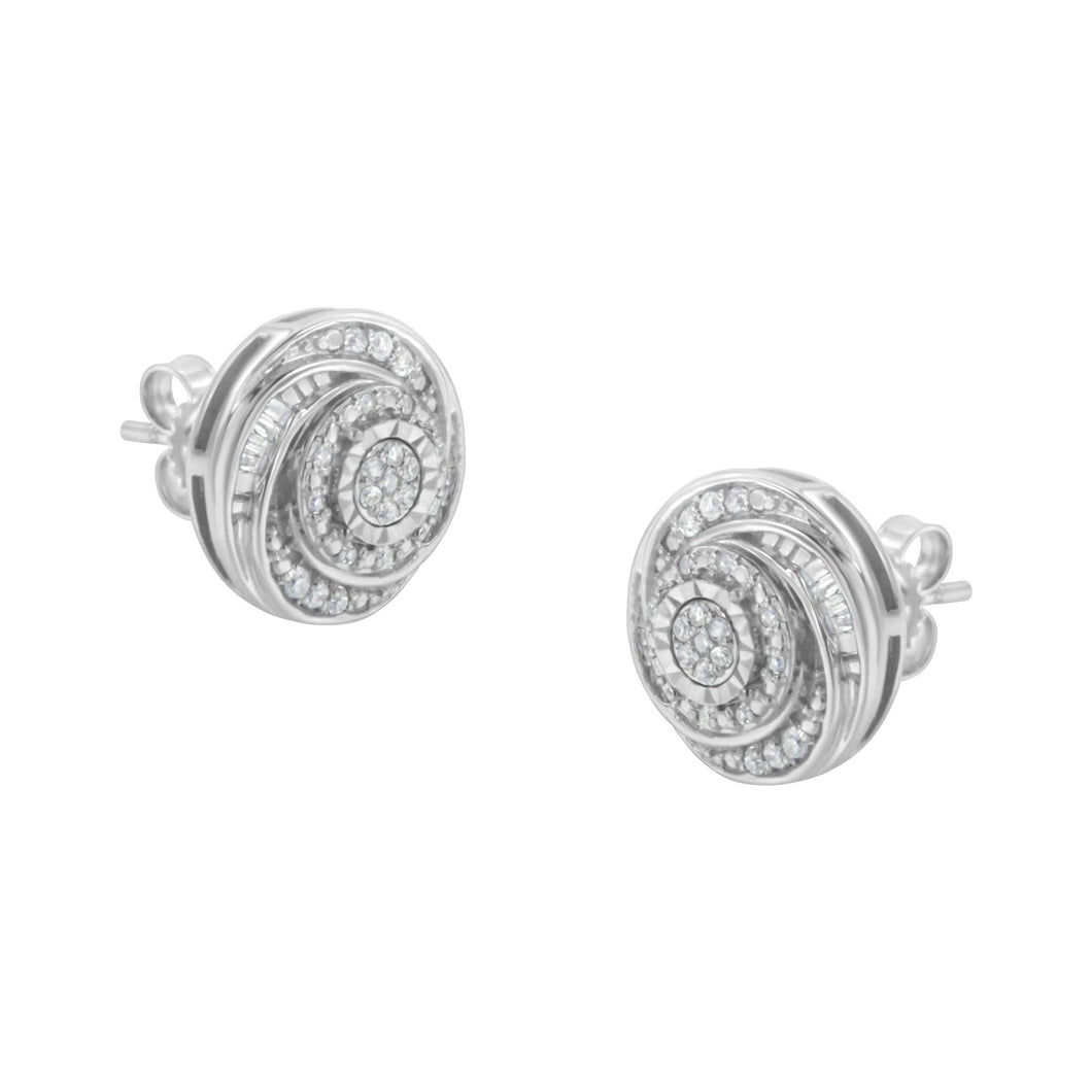 .925 Sterling Silver 1/4 Cttw Baguette and Round Diamond Swirl Love Knot Stud Earrings (I-J Color, I3 Clarity)-0