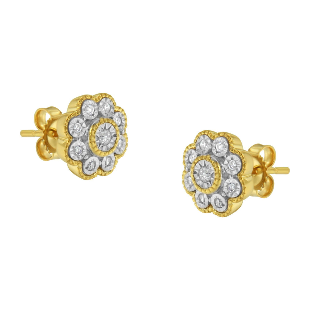 14K Yellow Gold Plated .925 Sterling Silver 1/6 Cttw Miracle-Plate Set Diamond Floral Stud Earrings (I-J Color, I2-I3 Clarity)-0