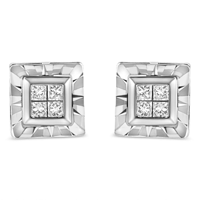 .925 Sterling Silver 1/6 Cttw Invisible Set Princess-Cut Diamond Quad Composite Stud Earrings (H-I Color, I1-I2 Clarity)