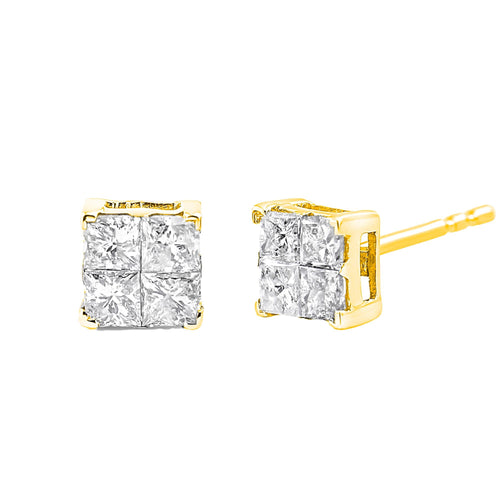 10K Yellow Gold Plated .925 Sterling Silver 1.0 Cttw Princess-Cut Diamond Composite Multi Stone Stud Earrings (J-K Color, SI2-I1 Clarity)-0
