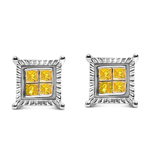 .925 Sterling Silver 1/2 Cttw Yellow Princess Diamond Quad Stud Earring-0