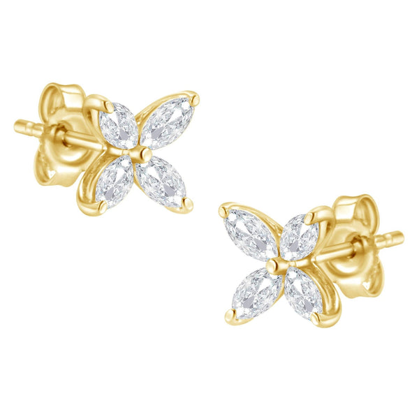 14K Gold Marquise Diamond 8 Stone Floral Leaf Stud Earrings (I-J Color, SI2-I1 Clarity)