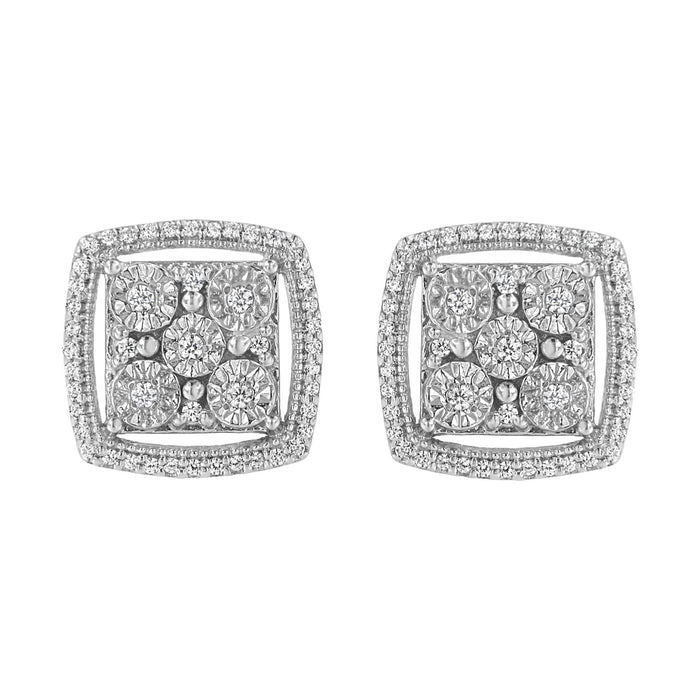 .925 Sterling Silver 3/8 Cttw Miracle Set Round Diamond Double Halo Cluster Earrings (I-J Color, I2-I3 Clarity)