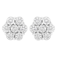 14K White Gold 7 Stone Floral Cluster Round Brilliant Cut Diamond Stud Earrings with Screw Backs(I-J, SI2-I1)