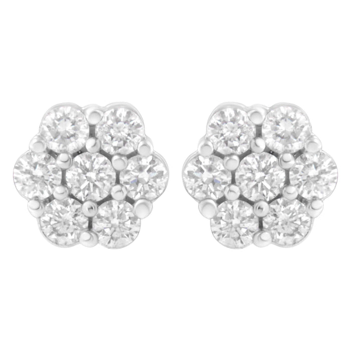 14K White Gold 7 Stone Floral Cluster Round Brilliant Cut Diamond Stud Earrings with Screw Backs(I-J, SI2-I1)