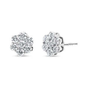 14K White Gold 7 Stone Floral Cluster Round Brilliant Cut Diamond Stud Earrings with Screw Backs(I-J, SI2-I1)-1