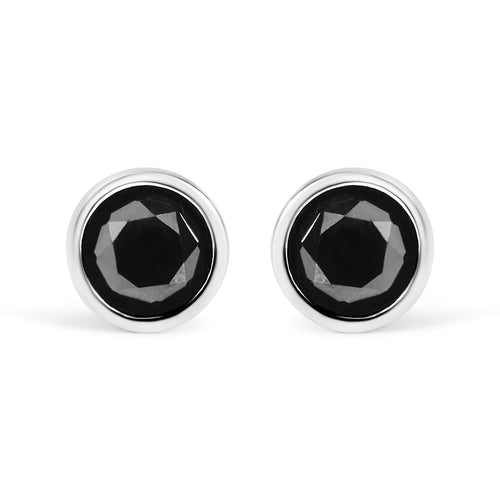 .925 Sterling Silver Round Brilliant-Cut Black Diamond Bezel-Set Stud Earrings with Screw Backs (Fancy Color-Enhanced, I2-I3 Clarity)-0