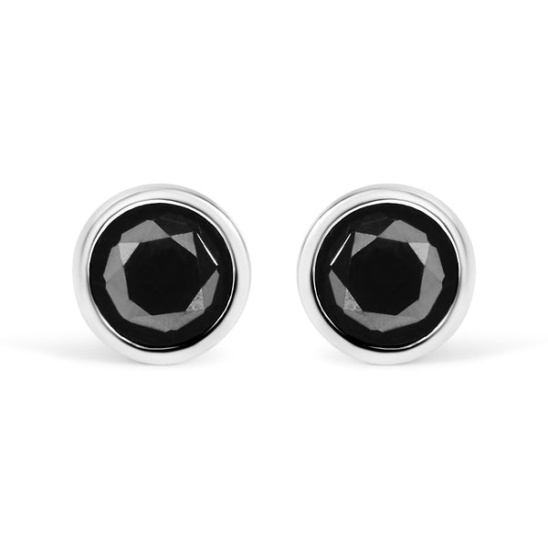 .925 Sterling Silver Round Brilliant-Cut Black Diamond Bezel-Set Stud Earrings with Screw Backs (Fancy Color-Enhanced, I2-I3 Clarity)