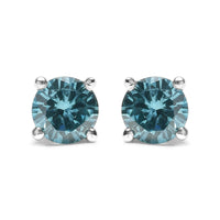 14K Gold 1/2 Cttw Aqua Blue Diamond Screw-Back 4-Prong Classic Stud Earrings (Color Treated, I2-I3)
