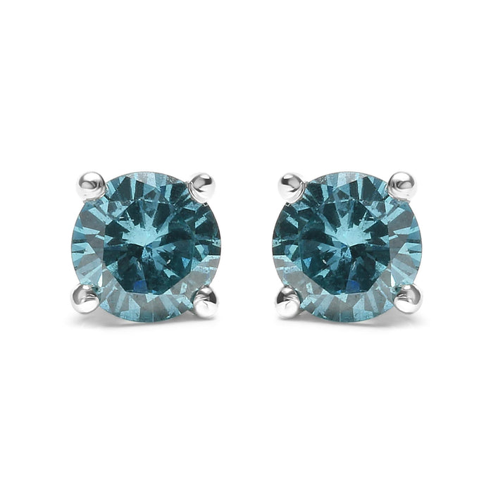 14K Gold 1/2 Cttw Aqua Blue Diamond Screw-Back 4-Prong Classic Stud Earrings (Color Treated, I2-I3)