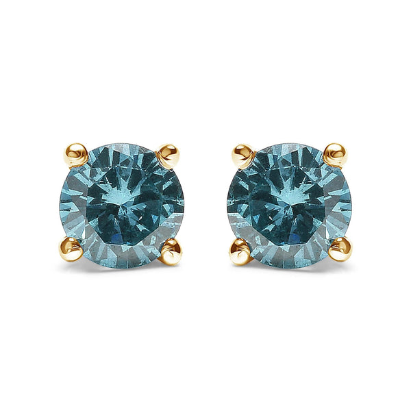 14K Gold 1/2 Cttw Aqua Blue Diamond Screw-Back 4-Prong Classic Stud Earrings (Color Treated, I2-I3)