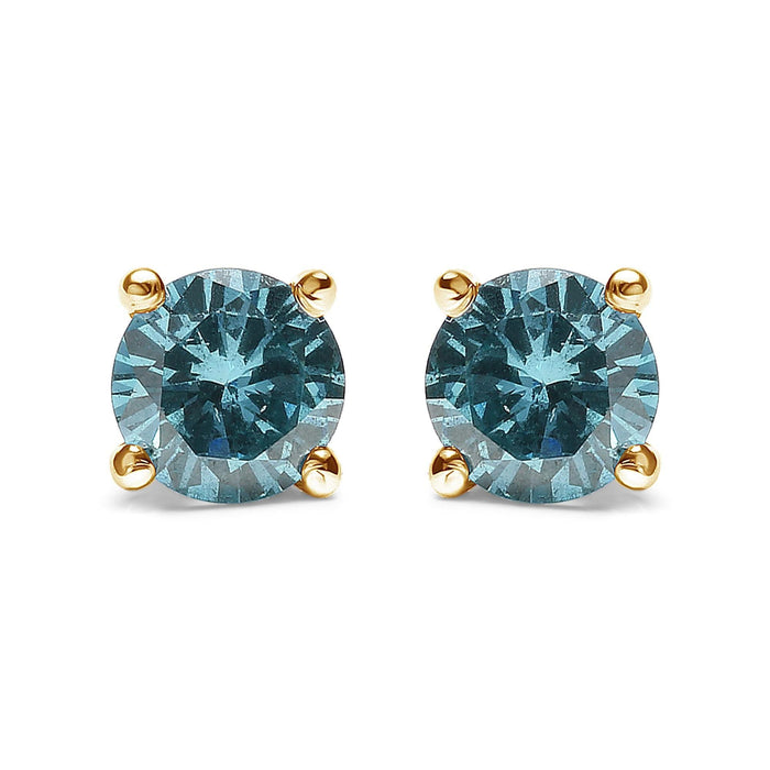 14K Gold 1/2 Cttw Aqua Blue Diamond Screw-Back 4-Prong Classic Stud Earrings (Color Treated, I2-I3)