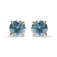14K Yellow Gold 1.0 Cttw Treated Aqua Blue Diamond Classic Solitaire Stud Earrings (Aqua Blue Color, I2-I3 Clarity)