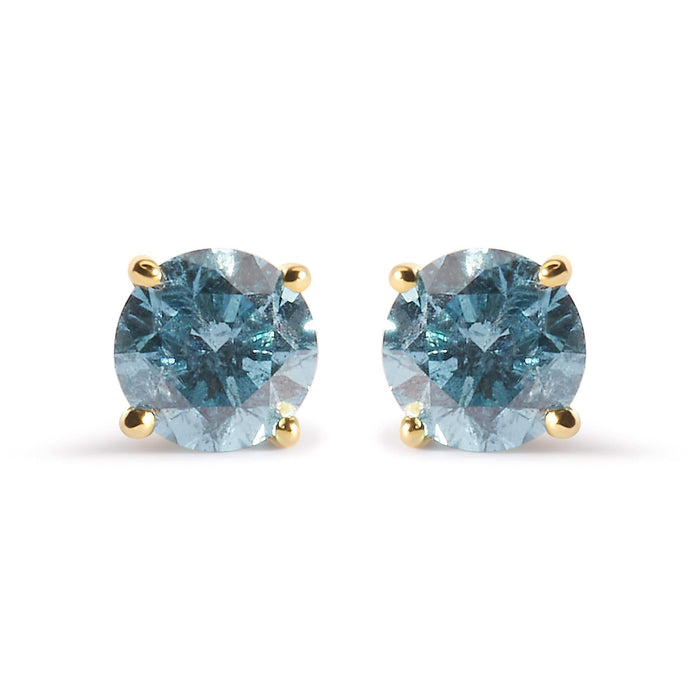 14K Yellow Gold 1.0 Cttw Treated Aqua Blue Diamond Classic Solitaire Stud Earrings (Aqua Blue Color, I2-I3 Clarity)