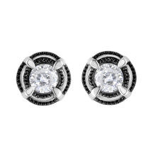 Black Rhodium Plated .925 Sterling Silver Round Diamond Double Halo 4-Prong Solitaire Milgrain Stud Earrings-0