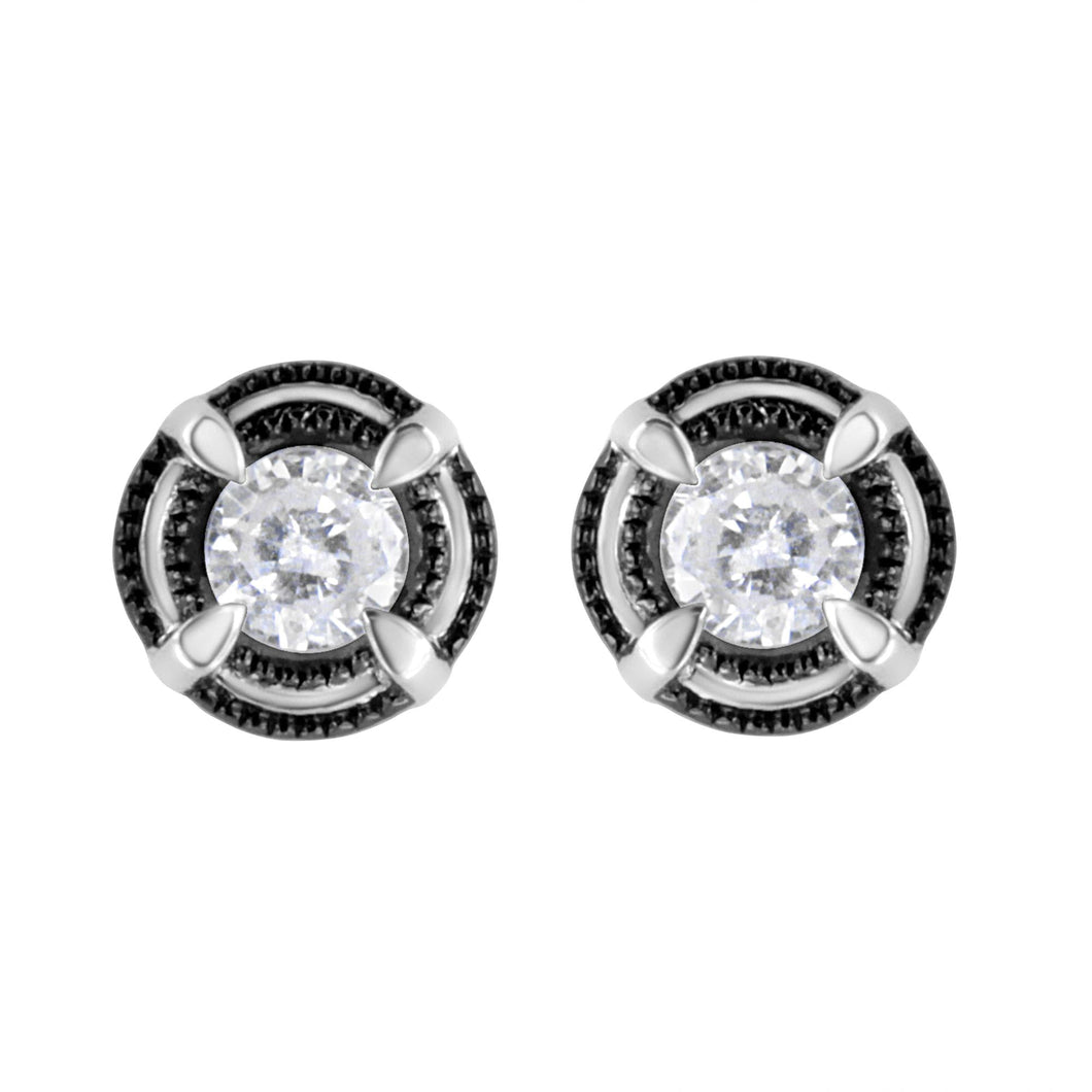Black Rhodium Plated .925 Sterling Silver Round Diamond Double Halo 4-Prong Solitaire Milgrain Stud Earrings-0