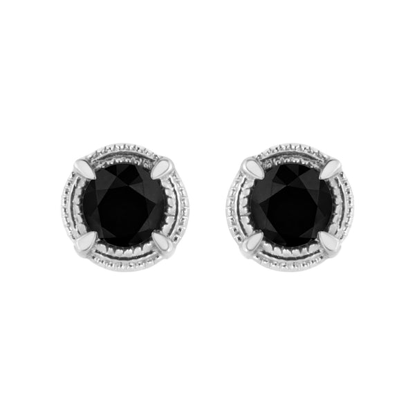 .925 Sterling Silver Treated Colored Diamond Modern 4-Prong Solitaire Milgrain Stud Earrings