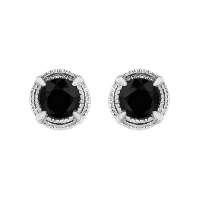 .925 Sterling Silver Treated Colored Diamond Modern 4-Prong Solitaire Milgrain Stud Earrings