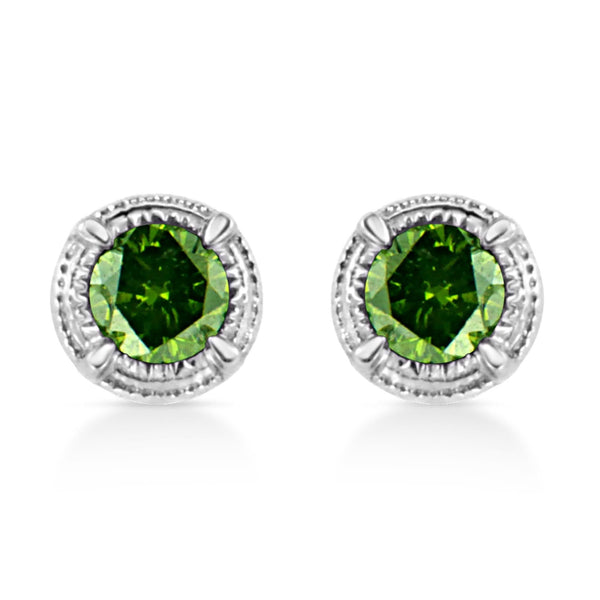 .925 Sterling Silver Treated Colored Diamond Modern 4-Prong Solitaire Milgrain Stud Earrings