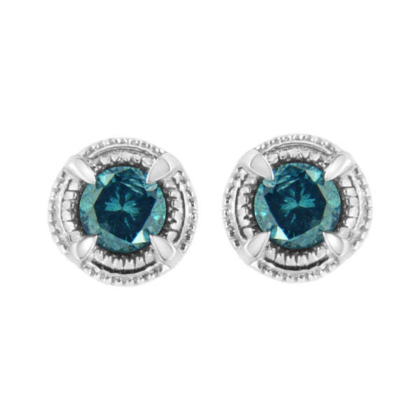 .925 Sterling Silver Treated Colored Diamond Modern 4-Prong Solitaire Milgrain Stud Earrings