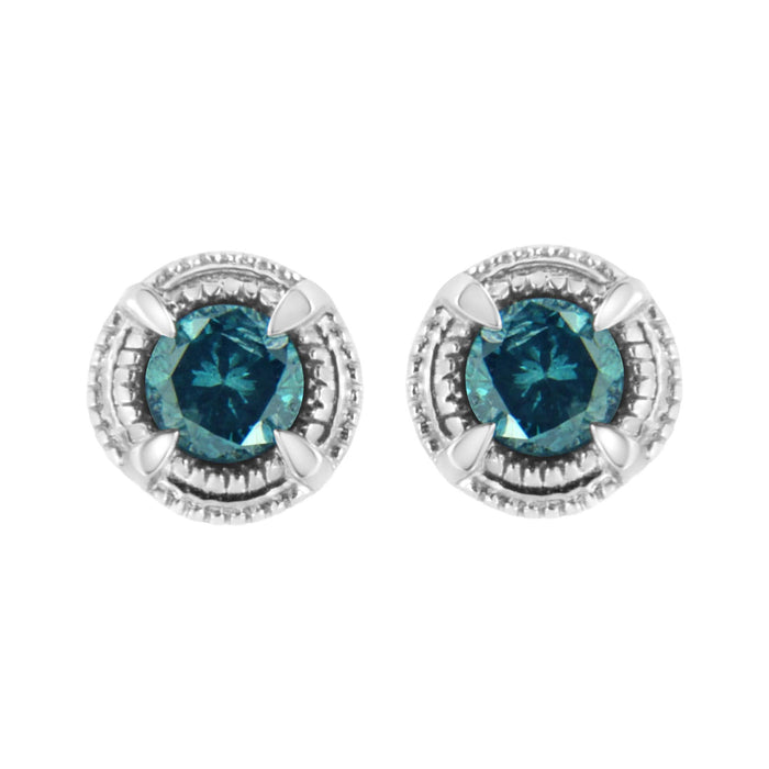 .925 Sterling Silver Treated Colored Diamond Modern 4-Prong Solitaire Milgrain Stud Earrings