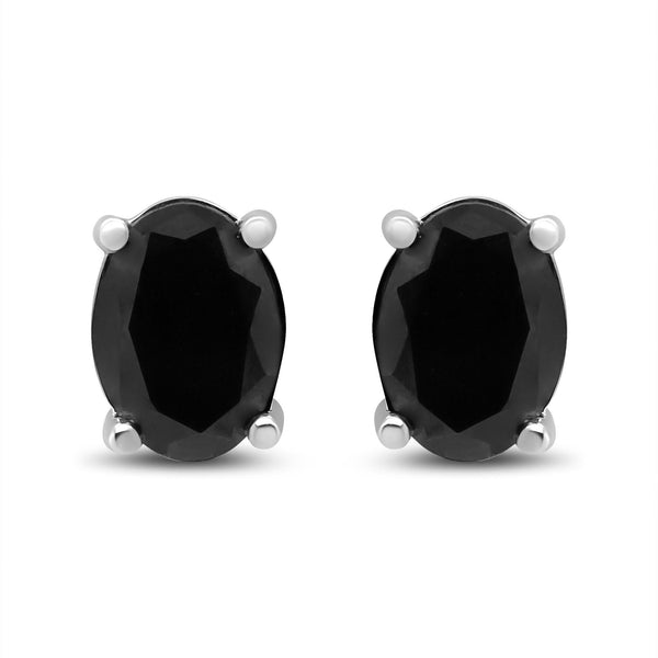 .925 Sterling Silver Prong Set Treated Black Oval Diamond Stud Earring (Black Color, I2-I3 Clarity)
